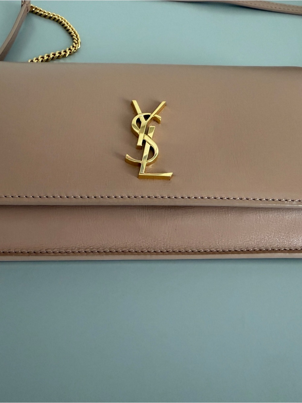 Saint Laurent YSL Cassandre Phone Holder Crossbody Dark Beige Leather Gold Chain - Picture 3 of 9